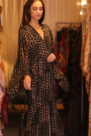 SILK WING KIMONO PINA SILK BROWN GRID - sustainably made MOMO NEW YORK sustainable clothing, handmade slow fashion