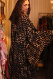SILK WING KIMONO PINA SILK BROWN GRID - sustainably made MOMO NEW YORK sustainable clothing, handmade slow fashion