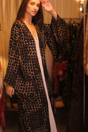SILK WING KIMONO PINA SILK BROWN GRID - sustainably made MOMO NEW YORK sustainable clothing, handmade slow fashion