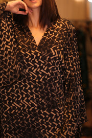 SILK WING KIMONO PINA SILK BROWN GRID - sustainably made MOMO NEW YORK sustainable clothing, handmade slow fashion