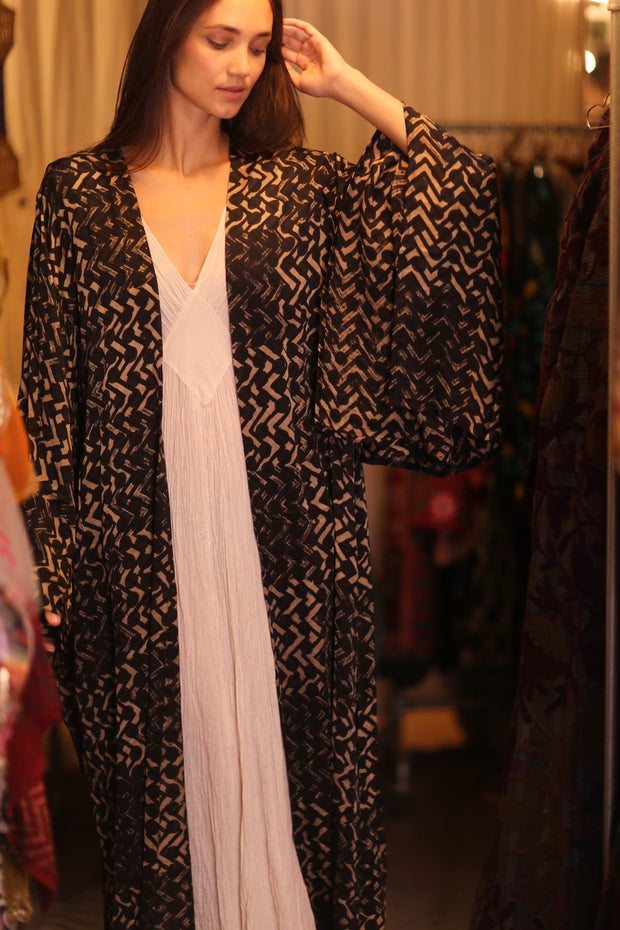 SILK WING KIMONO PINA SILK BROWN GRID - sustainably made MOMO NEW YORK sustainable clothing, handmade slow fashion