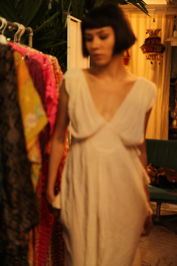 V NECK COTTON SHOUlDER DRESS CLIO - sustainably made MOMO NEW YORK sustainable clothing, dress slow fashion