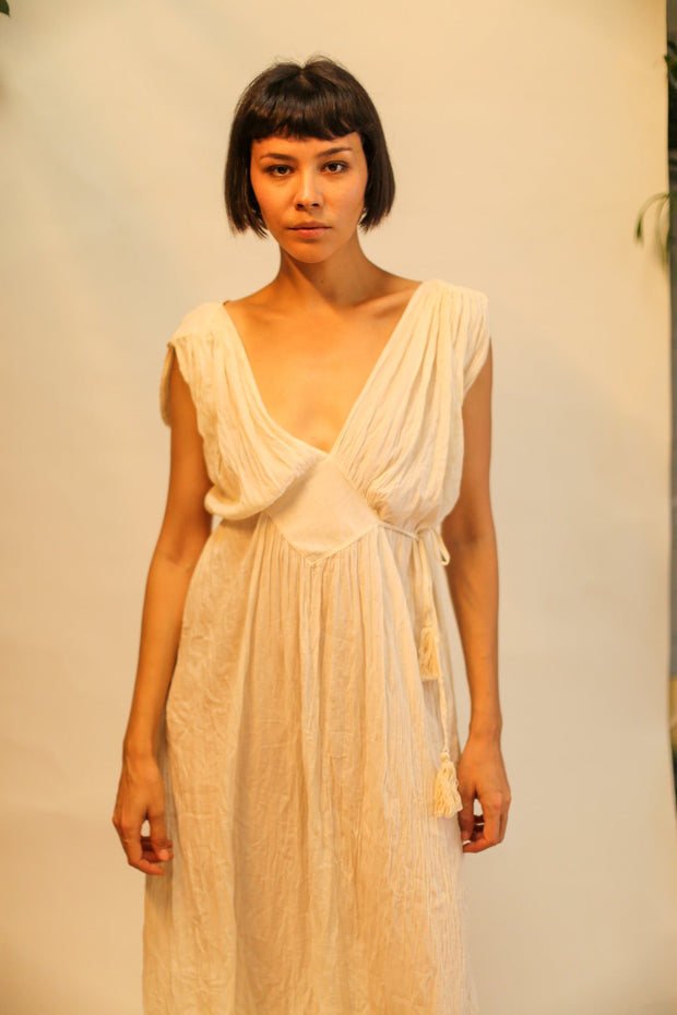 V NECK COTTON SHOUlDER DRESS CLIO - sustainably made MOMO NEW YORK sustainable clothing, dress slow fashion