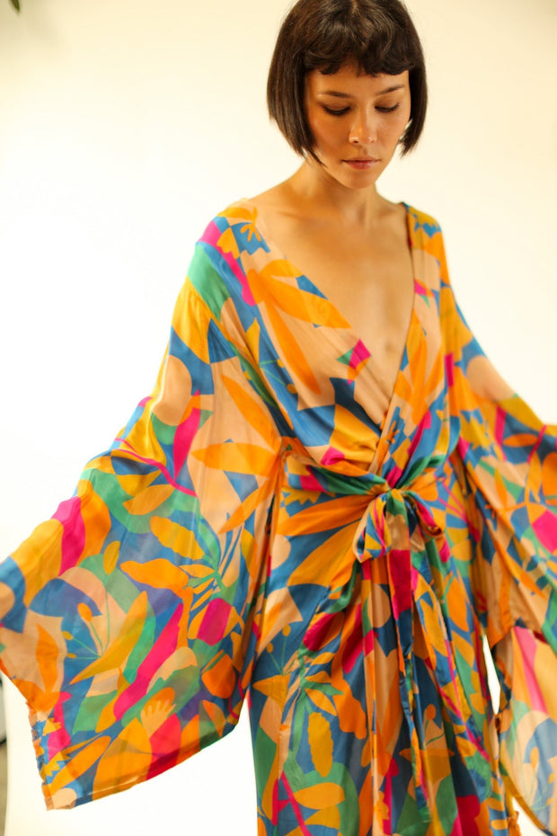 XL HAND BLOCK SILK KIMONO TYLET - sustainably made MOMO NEW YORK sustainable clothing, Kimono slow fashion