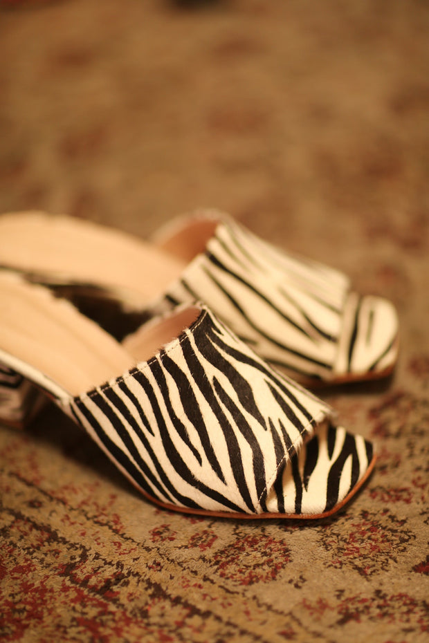ZEBRA PRINT HEELED MULES - sustainably made MOMO NEW YORK sustainable clothing, new slow fashion
