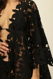 BLACK COTON LACE FLOWER KIMONO - sustainably made MOMO NEW YORK sustainable clothing, Embroidered Kimono slow fashion