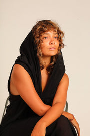 BLACK COTTON HOODIE DRESS SHARA - sustainably made MOMO NEW YORK sustainable clothing, Kimono slow fashion