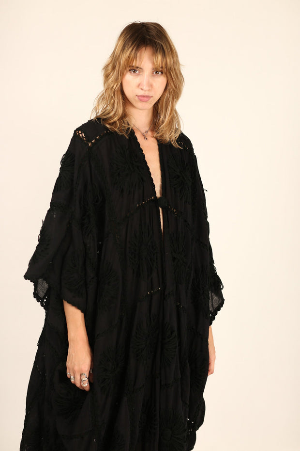 BLACK EMBROIDERED KIMONO DUSTER FLORA CROCHET DETAIL - sustainably made MOMO NEW YORK sustainable clothing, Kimono slow fashion