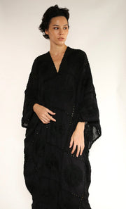 BLACK KIMONO EMBROIDERED FLORA CROCHET - sustainably made MOMO NEW YORK sustainable clothing, crochet slow fashion