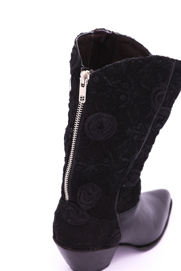 BLACK SILK COTTON EMBROIDERED LEATHER BOOTS DORO - sustainably made MOMO NEW YORK sustainable clothing, boots slow fashion
