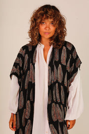 BLACK SILK FEATHER PRINT KIMONO WYNN - sustainably made MOMO NEW YORK sustainable clothing, Kimono slow fashion