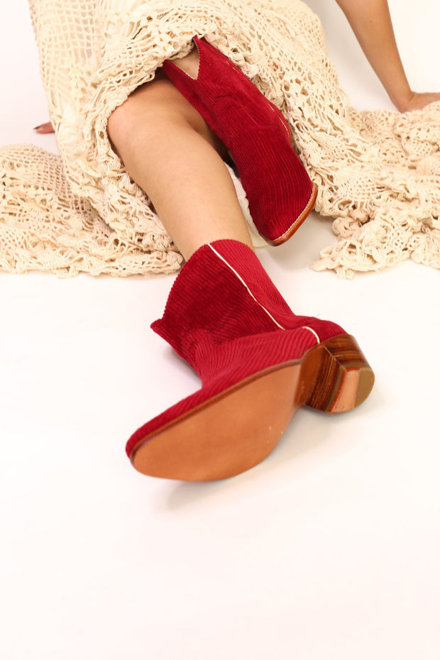 CORDUROY RED BOOTIES LINNEAH - sustainably made MOMO NEW YORK sustainable clothing, boots slow fashion