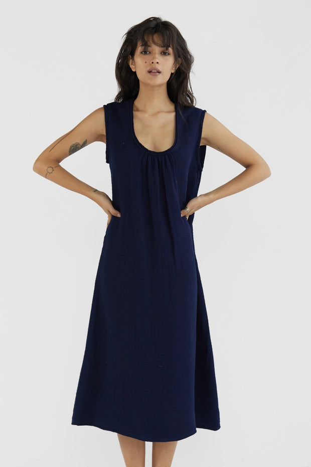 COTTON DRESS KAREN - Indigo Blue - sustainably made MOMO NEW YORK sustainable clothing, kaftan slow fashion