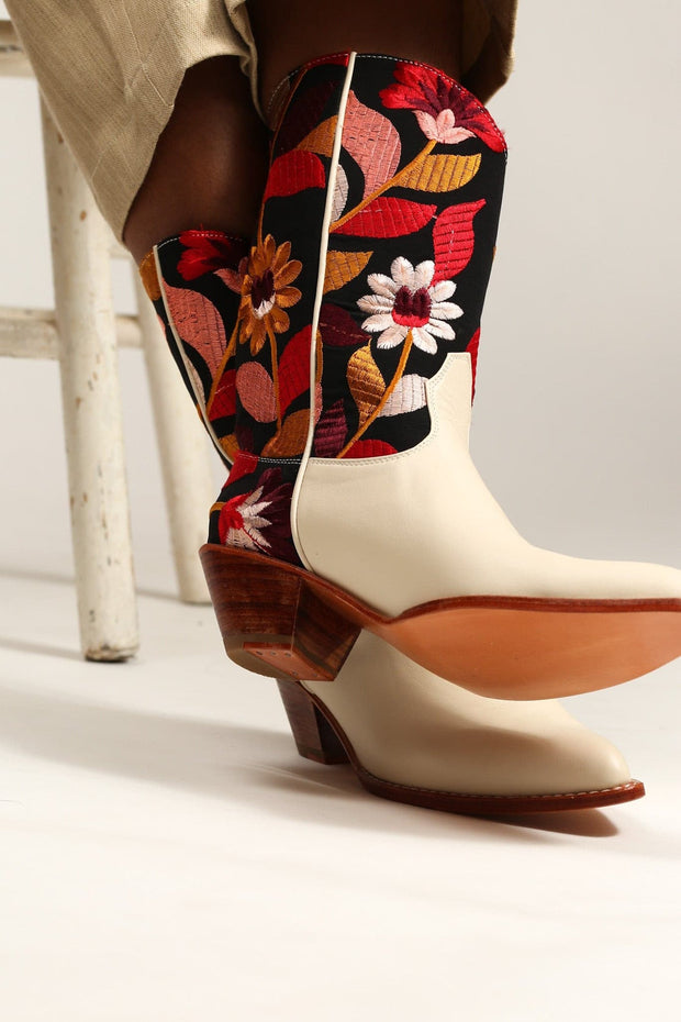 CREME LEATHER BLACK EMBROIDERED WESTERN BOOTS X ANTHROPOLOGIE - sustainably made MOMO NEW YORK sustainable clothing, boots slow fashion