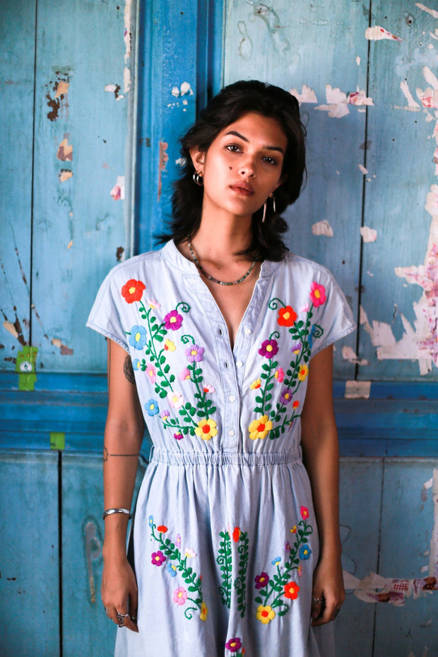 DENIM EMBROIDERED DRESS JENNA - sustainably made MOMO NEW YORK sustainable clothing, kaftan slow fashion