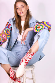 DENIM JACKET CROCHET SLEEVES VICKY - sustainably made MOMO NEW YORK sustainable clothing, crochet slow fashion