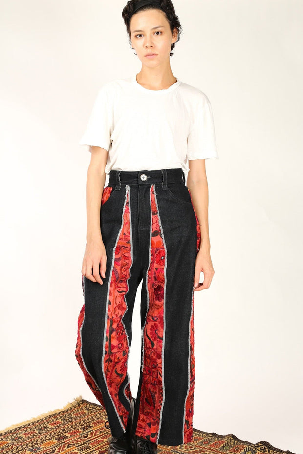 DENIM PANTS EMBROIDERED PATCHWORK VICKY - sustainably made MOMO NEW YORK sustainable clothing, fall22 slow fashion