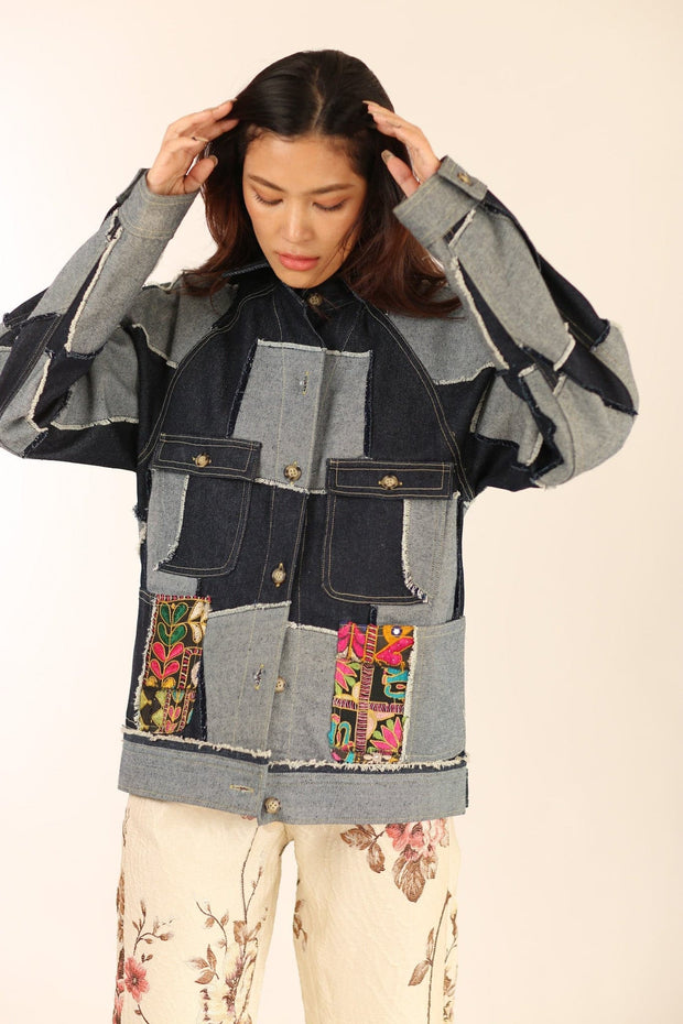 DENIM PATCHWORK JACKET MASHA - sustainably made MOMO NEW YORK sustainable clothing, fall22 slow fashion