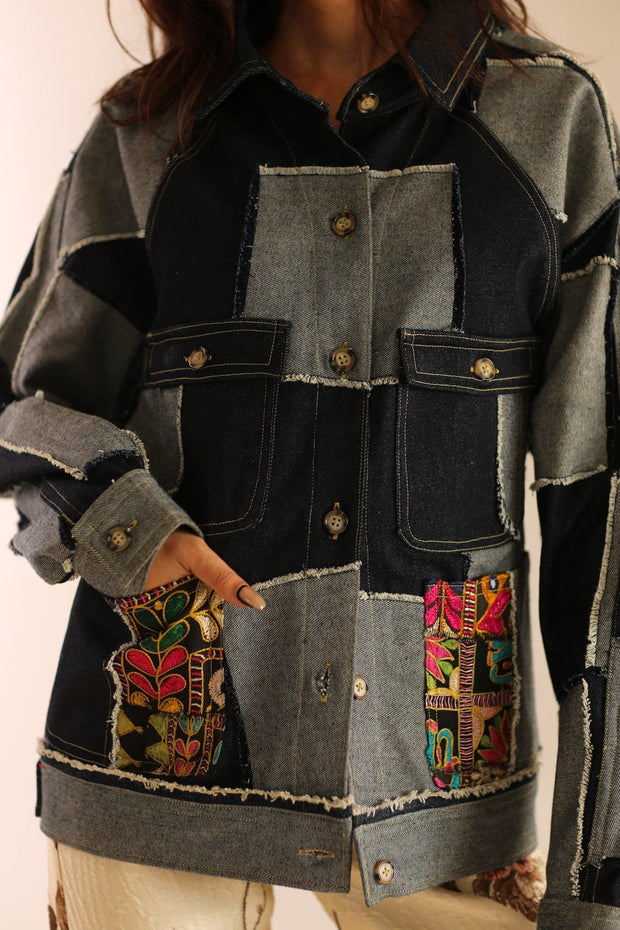 DENIM PATCHWORK JACKET MASHA - sustainably made MOMO NEW YORK sustainable clothing, fall22 slow fashion