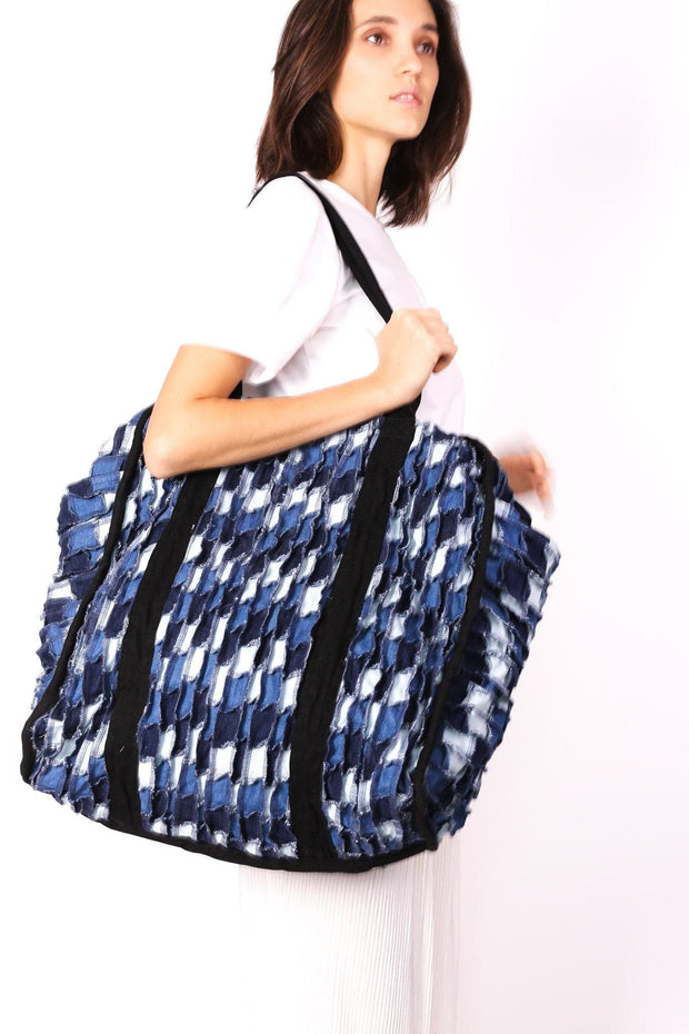 DENIM PATCHWORK XXL BAG BLEECKER - sustainably made MOMO NEW YORK sustainable clothing, preorder slow fashion