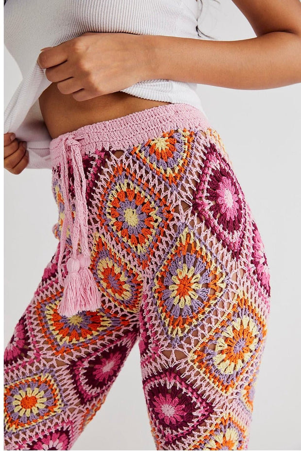 DIAMOND CROCHET FLARE PANTS X FREE PEOPLE - sustainably made MOMO NEW YORK sustainable clothing, crochet slow fashion