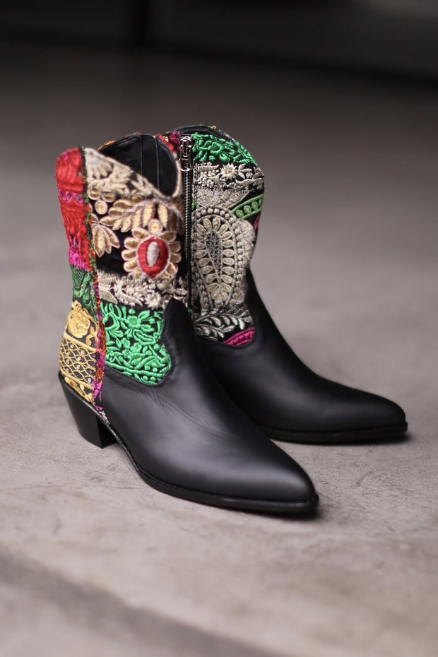 EMBROIDERED PATCHWORK BOOTS GIVA (BLACK) - sustainably made MOMO NEW YORK sustainable clothing, boots slow fashion