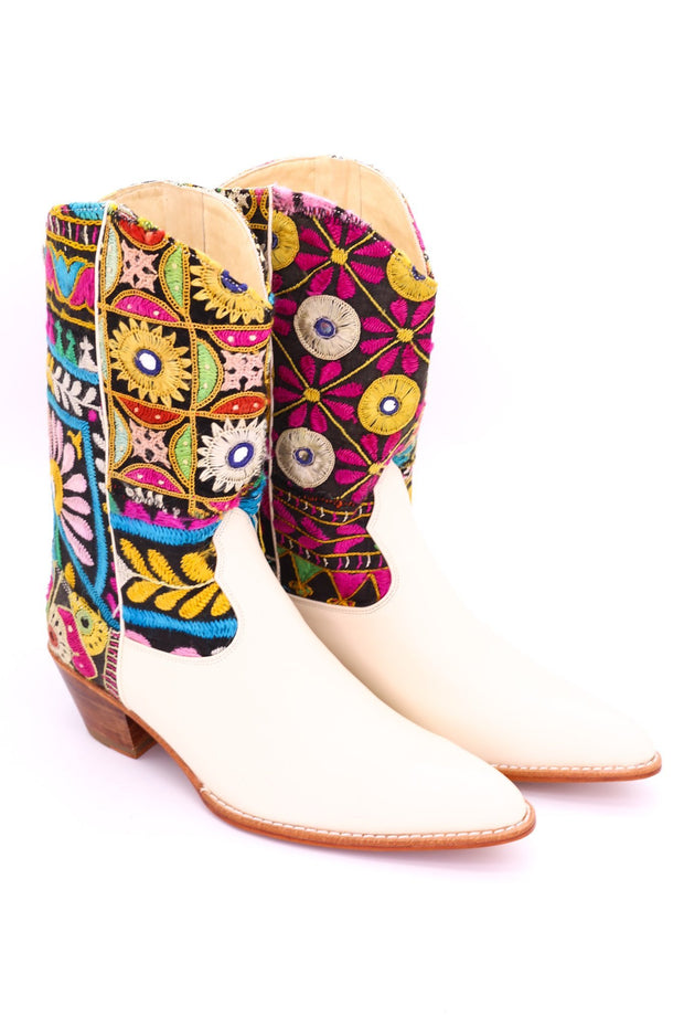 EMBROIDERED PATCHWORK WESTERN BOOTS ANDROMEDA - sustainably made MOMO NEW YORK sustainable clothing, boots slow fashion