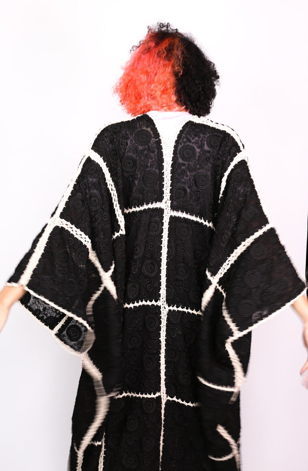 EMBROIDERED SILK CROCHET STATEMENT KIMONO SAENG - sustainably made MOMO NEW YORK sustainable clothing, crochet slow fashion