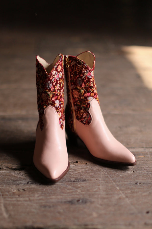 EMBROIDERED VELVET / PINK LEATHER BOOTS DAISY - sustainably made MOMO NEW YORK sustainable clothing, offer slow fashion