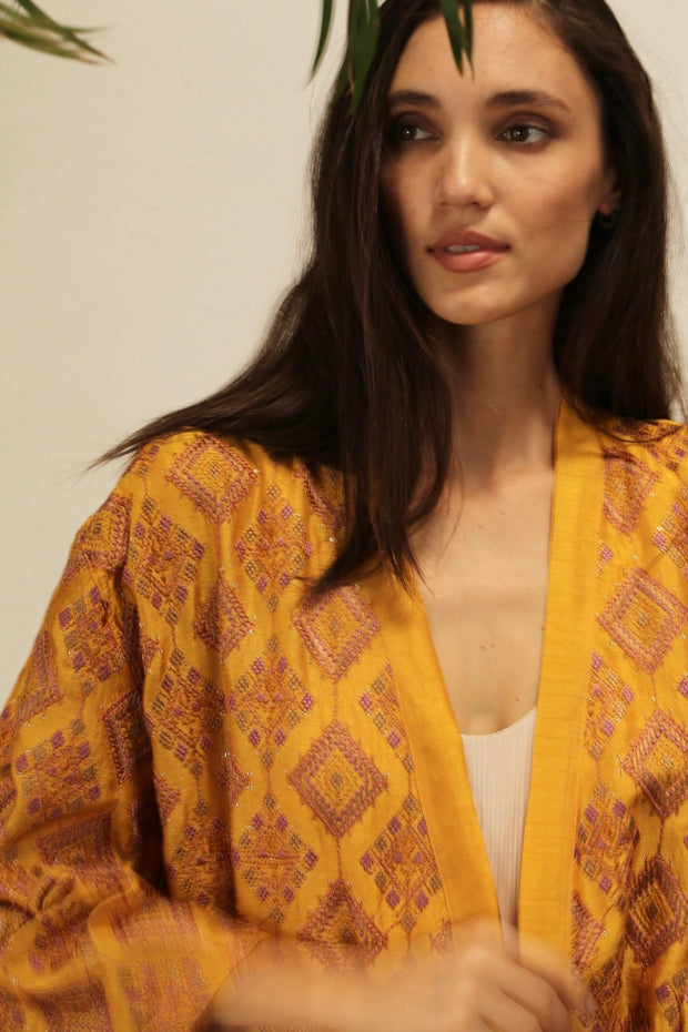 EUPHROSYNE SILK EMBROIDERED KIMONO - sustainably made MOMO NEW YORK sustainable clothing, Embroidered Kimono slow fashion