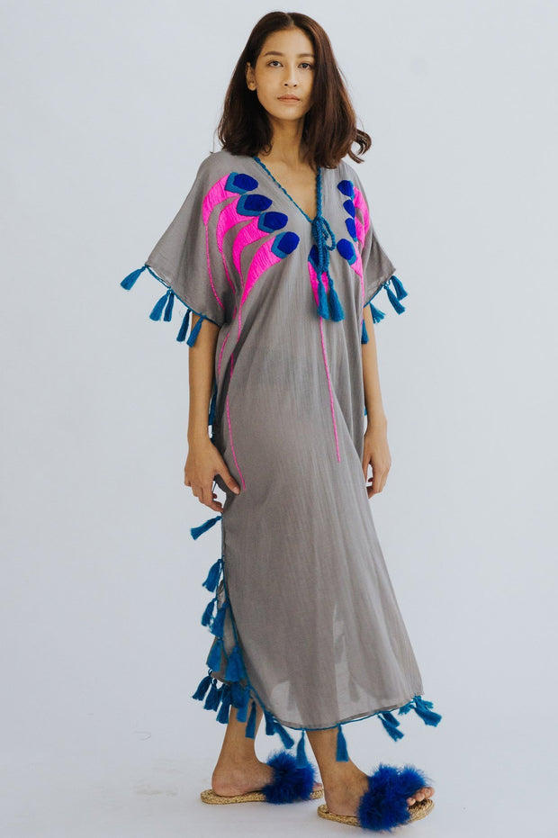 Feather Embroidered Caftan Tunic Shiona - sustainably made MOMO NEW YORK sustainable clothing, Boho Chic slow fashion