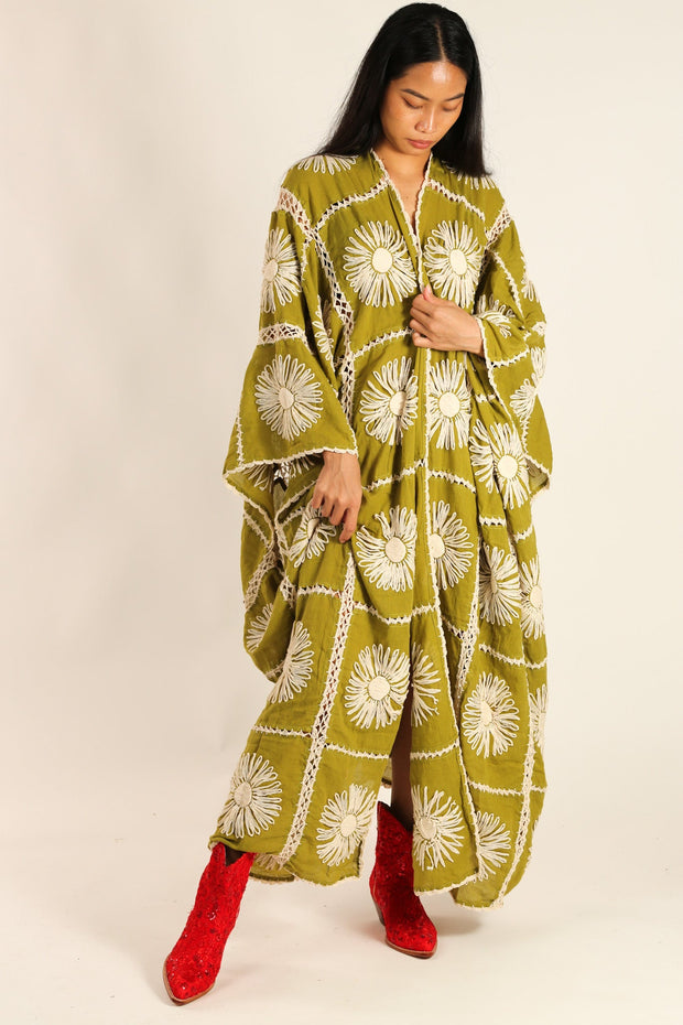 FLORA CROCHET KIMONO GREEN - sustainably made MOMO NEW YORK sustainable clothing, flashsalenovember22 slow fashion