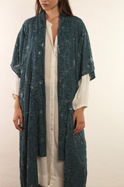 FLOWER EMERALD GREEN SILK KIMONO ISLA - sustainably made MOMO NEW YORK sustainable clothing, kimono slow fashion