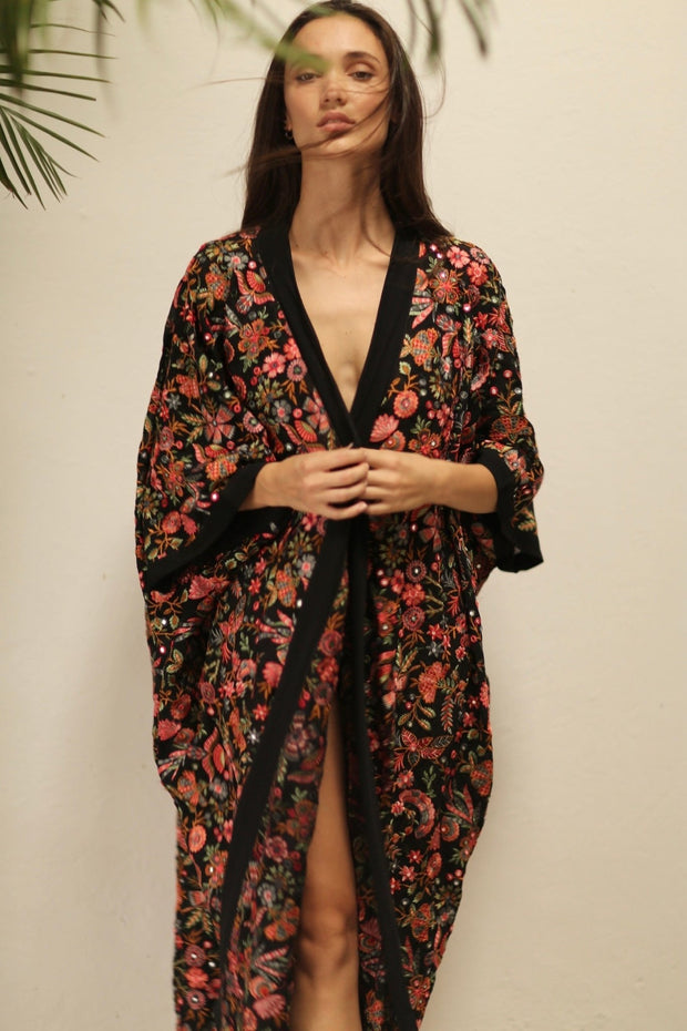 GAIA SILK FLOWER EBMROIDERD KIMONO - sustainably made MOMO NEW YORK sustainable clothing, Embroidered Kimono slow fashion