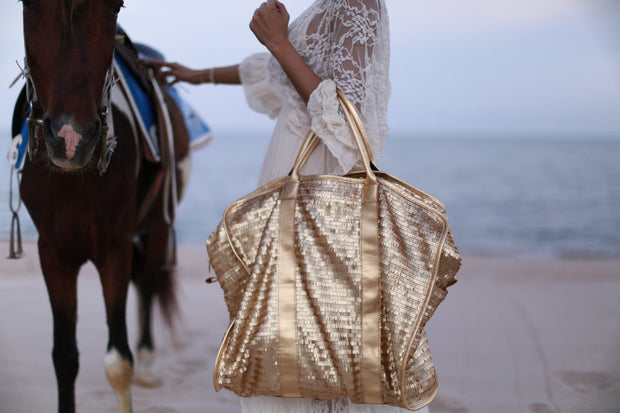 Gold Sequin Weekender Bag Bila - sustainably made MOMO NEW YORK sustainable clothing, samplesale1022 slow fashion