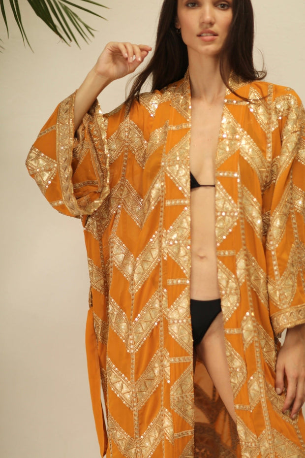 GOLDEN EMBROIDERED SILK KIMONO - sustainably made MOMO NEW YORK sustainable clothing, kimono slow fashion