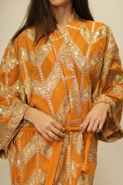 GOLDEN EMBROIDERED SILK KIMONO - sustainably made MOMO NEW YORK sustainable clothing, kimono slow fashion