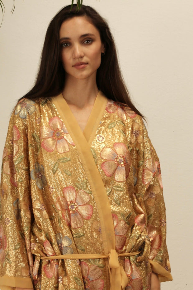 GOLDEN FLOWER CHIFFON SILK KIMONO - sustainably made MOMO NEW YORK sustainable clothing, Embroidered Kimono slow fashion