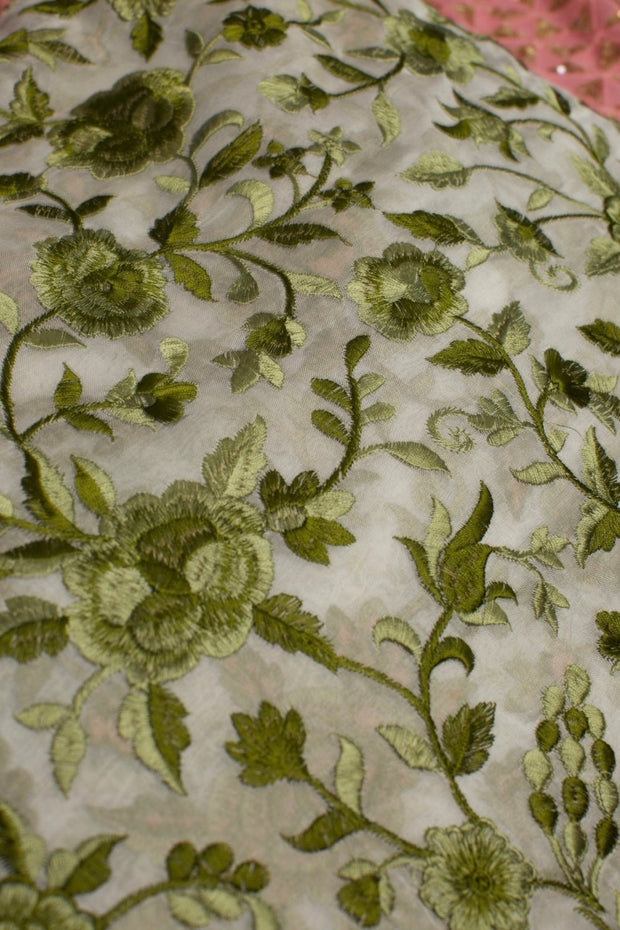 GREEN FLOWER EMBROIDERED SILK B32-6 - sustainably made MOMO NEW YORK sustainable clothing, fabric slow fashion