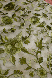 GREEN FLOWER EMBROIDERED SILK B32-6 - sustainably made MOMO NEW YORK sustainable clothing, fabric slow fashion