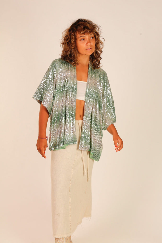 GREEN SEQUIN SHORT KIMONO LUKA - sustainably made MOMO NEW YORK sustainable clothing, Kimono slow fashion