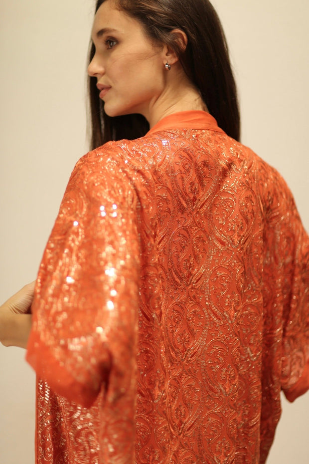 HELIOS ORANGE SILK SEQUIN EMBEROIDERED KIMONO - sustainably made MOMO NEW YORK sustainable clothing, Embroidered Kimono slow fashion