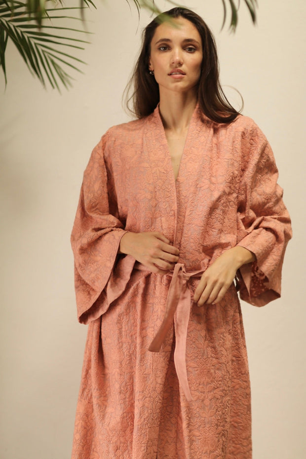 HERA PEACH PINK TUSSER SILK FLOWER KIMONO - sustainably made MOMO NEW YORK sustainable clothing, kimono slow fashion