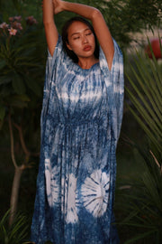 Indigo Kaftan Dress Ulrika - sustainably made MOMO NEW YORK sustainable clothing, kaftan slow fashion