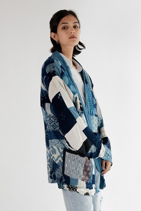 Indigo Patchwork Kimono Jacket Clara - sustainably made MOMO NEW YORK sustainable clothing, Kimono slow fashion