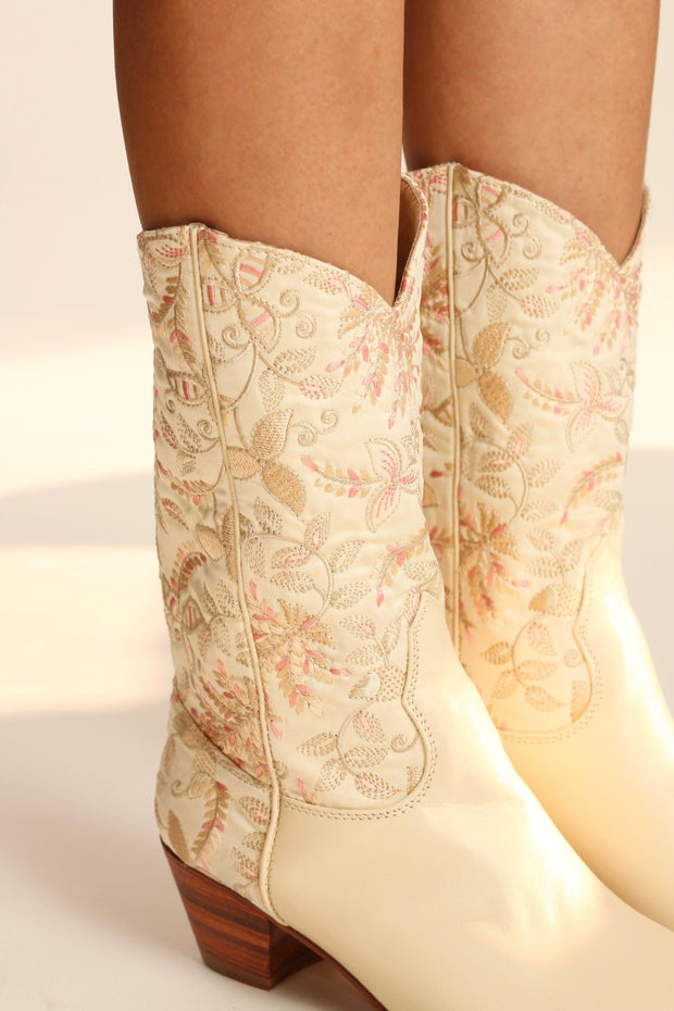 IVORY PINK FLOWER LEAF EMBROIDERED WESTERN BOOTS CHINELO - sustainably made MOMO NEW YORK sustainable clothing, boots slow fashion