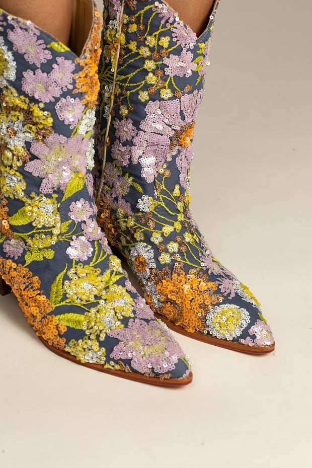 LAVENDER EMBROIDERED FLOWER SEQUIN WESTERN BOOTS - sustainably made MOMO NEW YORK sustainable clothing, boots slow fashion