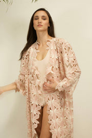 LITTLE PINK FLOWER COTTON LACE KIMONO - sustainably made MOMO NEW YORK sustainable clothing, Embroidered Kimono slow fashion