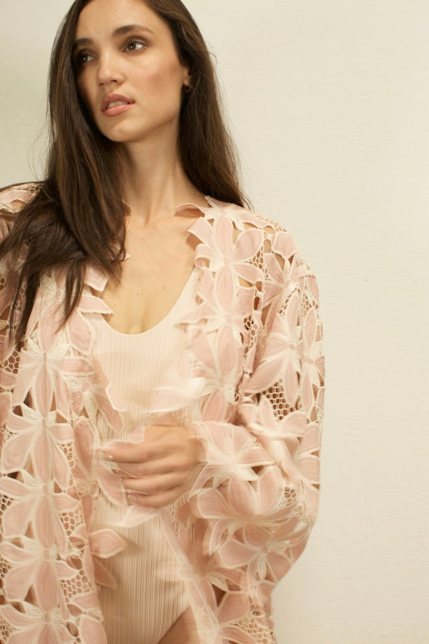 LITTLE PINK FLOWER COTTON LACE KIMONO - sustainably made MOMO NEW YORK sustainable clothing, Embroidered Kimono slow fashion