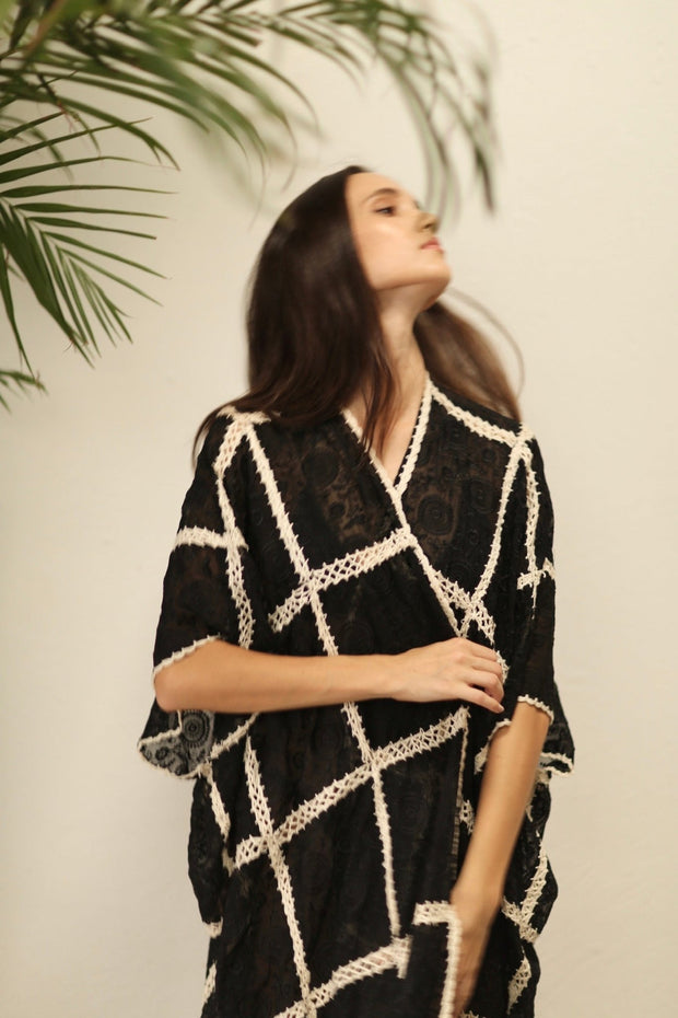 OYA BLACK KIMONO WITH CROCHET - sustainably made MOMO NEW YORK sustainable clothing, kimono slow fashion